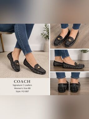 Coach Signature C Jacquard Loafers Women’s 8B Black Gray Gold FG1887